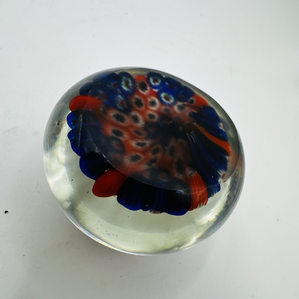 Vintage Millefiori Art Glass Paperweight Blue Red White,Floral Groovy MCM Decor - Picture 10 of 11